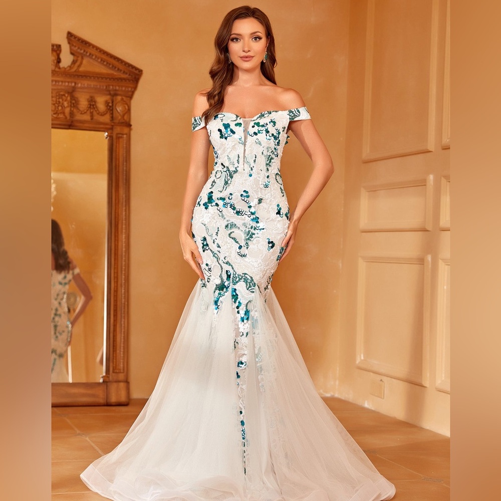 Chic Off-Shoulder White and Blue Prom Dress